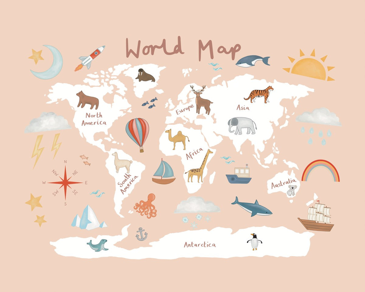 World Map print in pink