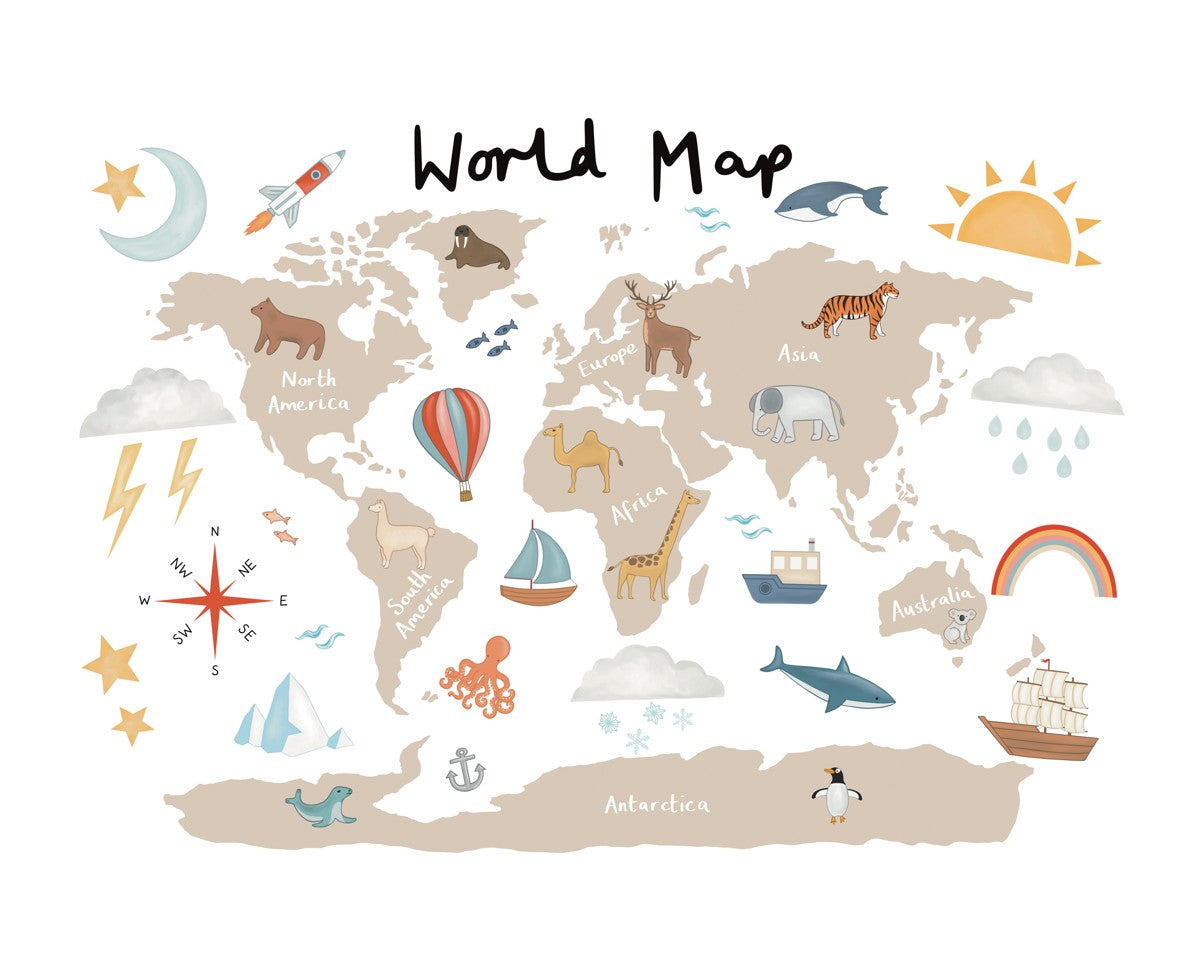 World Map print in beige