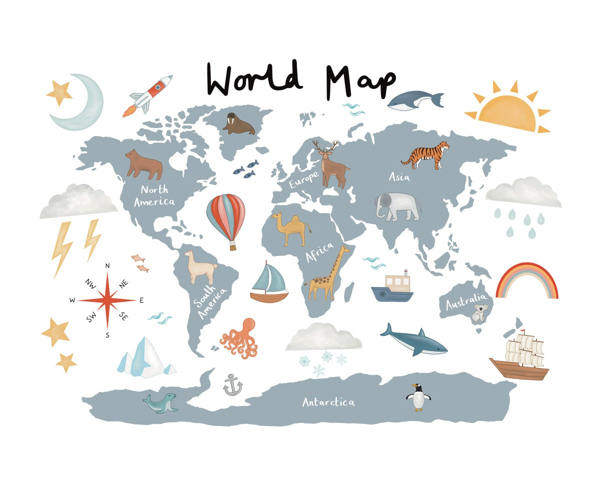 World Map print in blue