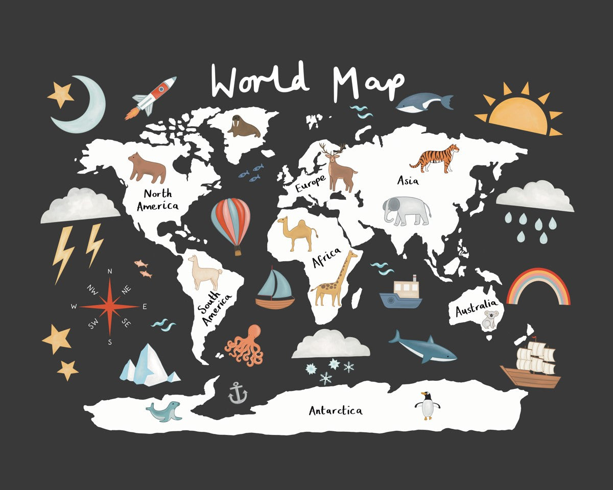 World Map print in black