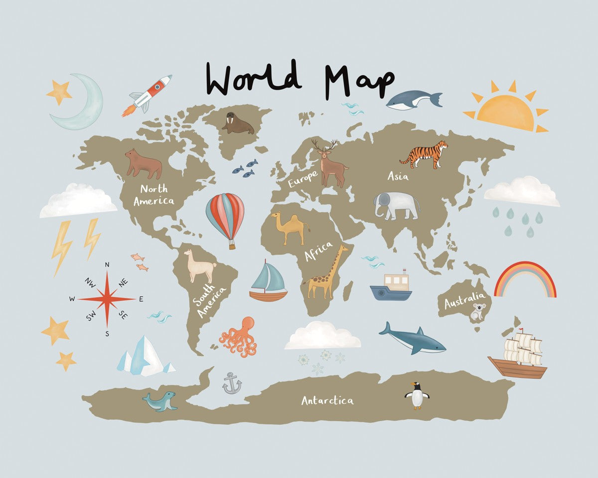 World Map print in khaki / blue