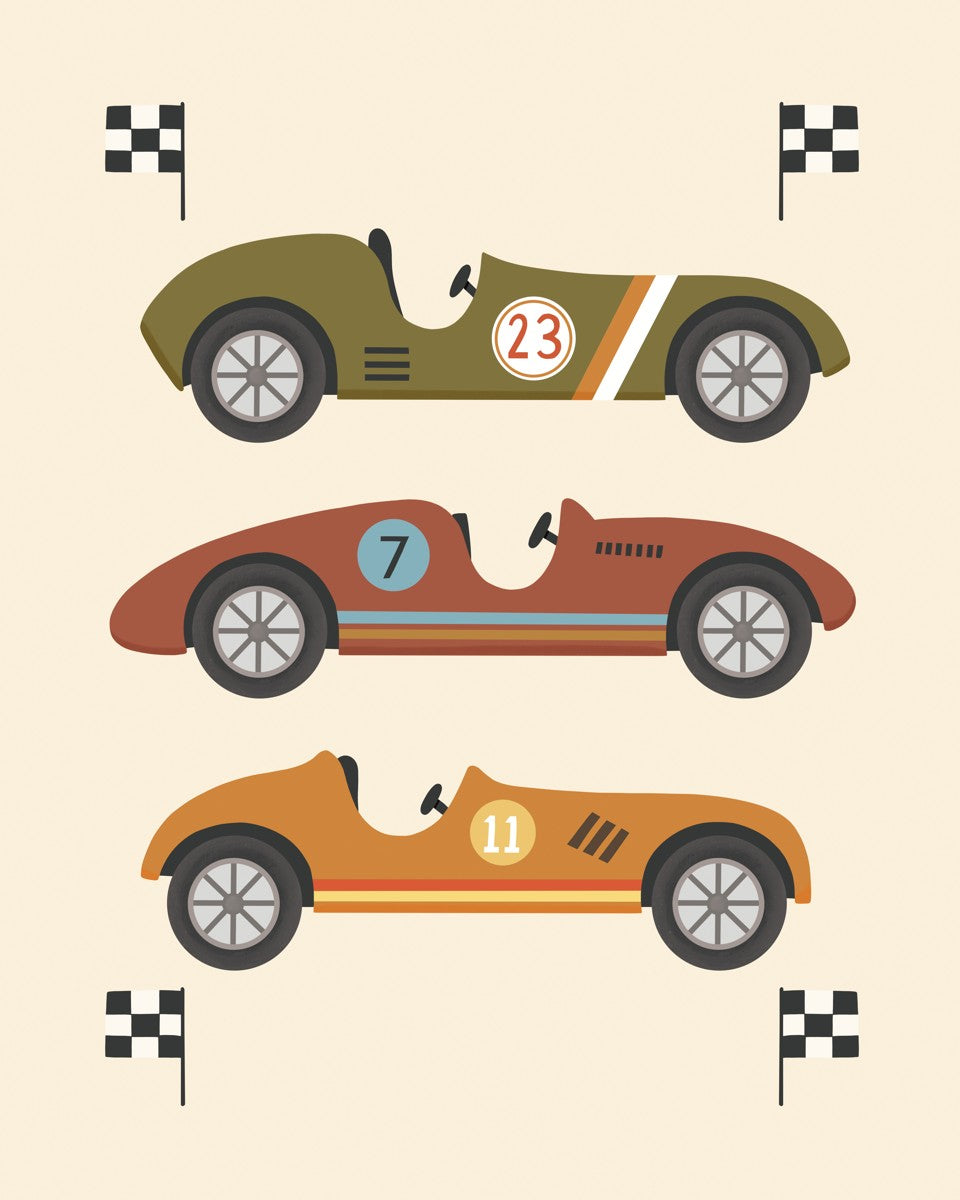 Race Cars in green, brown and orange