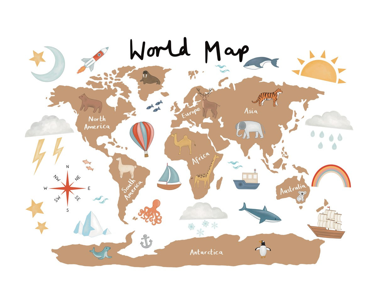 World Map print in clay