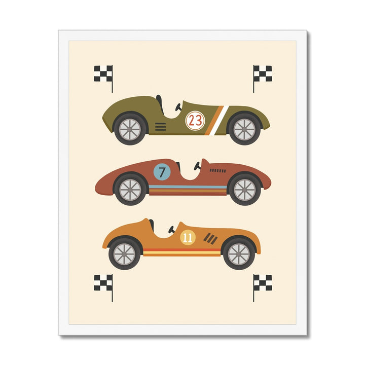 Race Cars in green, brown and orange / Framed Print