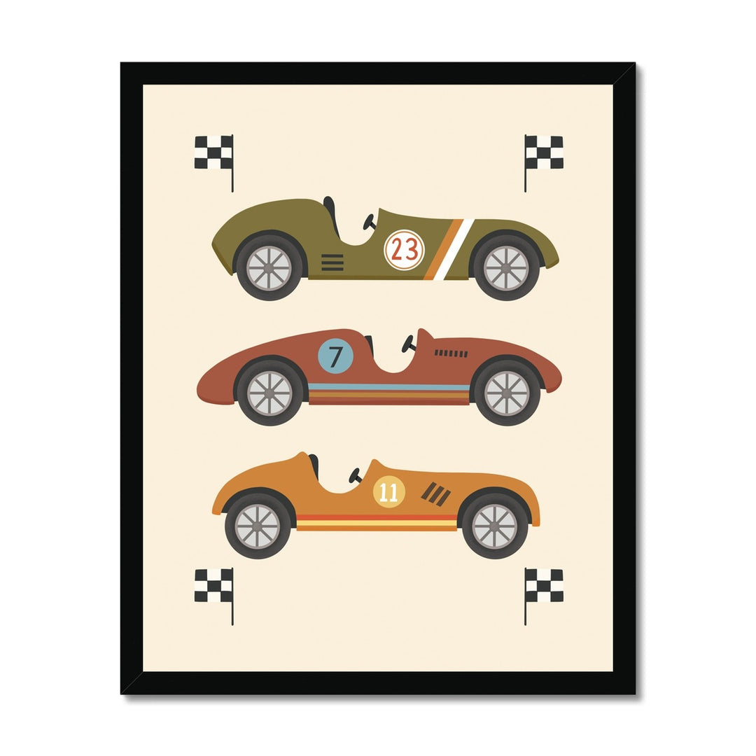 Race Cars in green, brown and orange / Framed Print