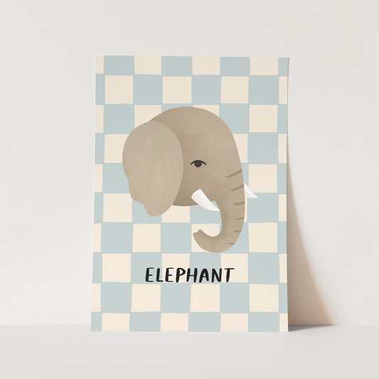 Elephant check in blue / Fine Art Print