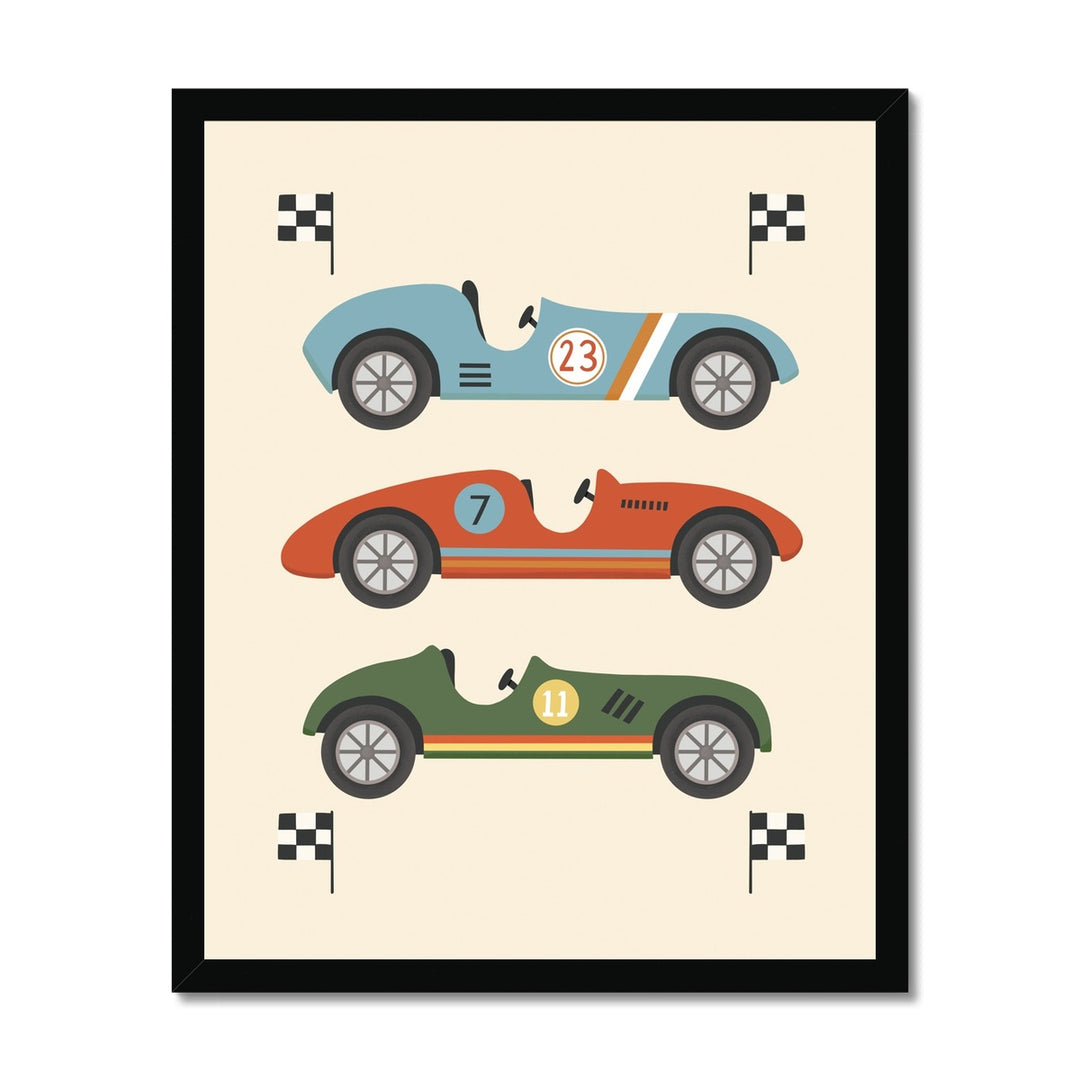 Race Cars in blue, red and green / Framed Print