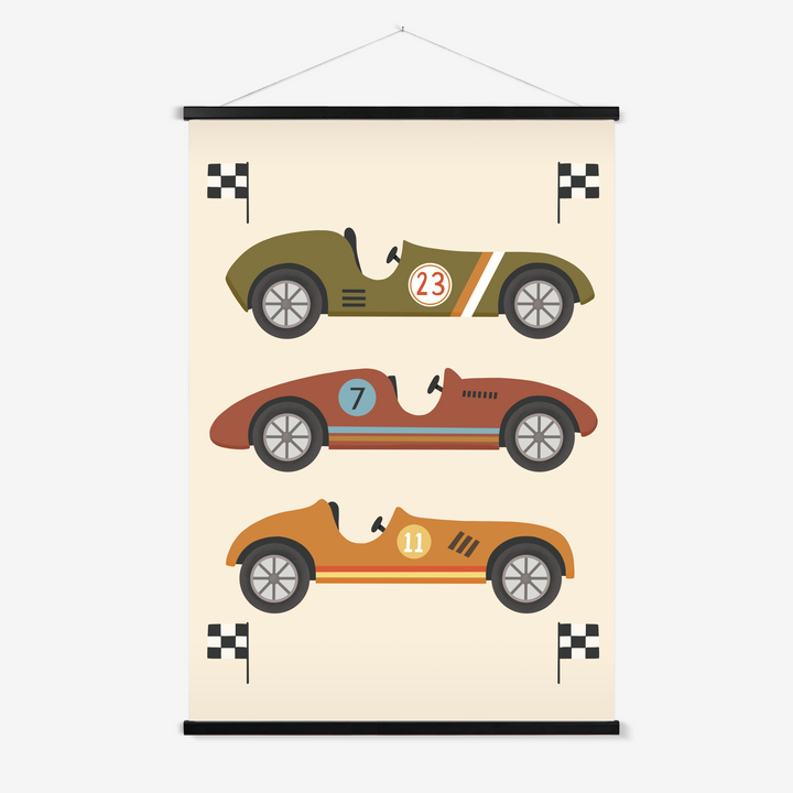 Race Cars in green, brown and orange / Print with Hanger