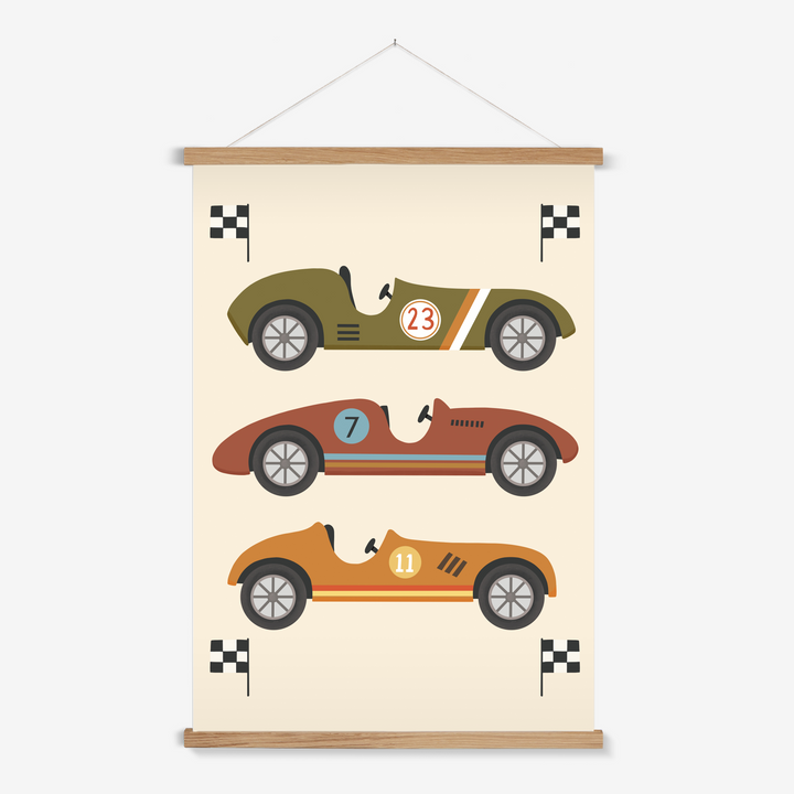 Race Cars in green, brown and orange / Print with Hanger