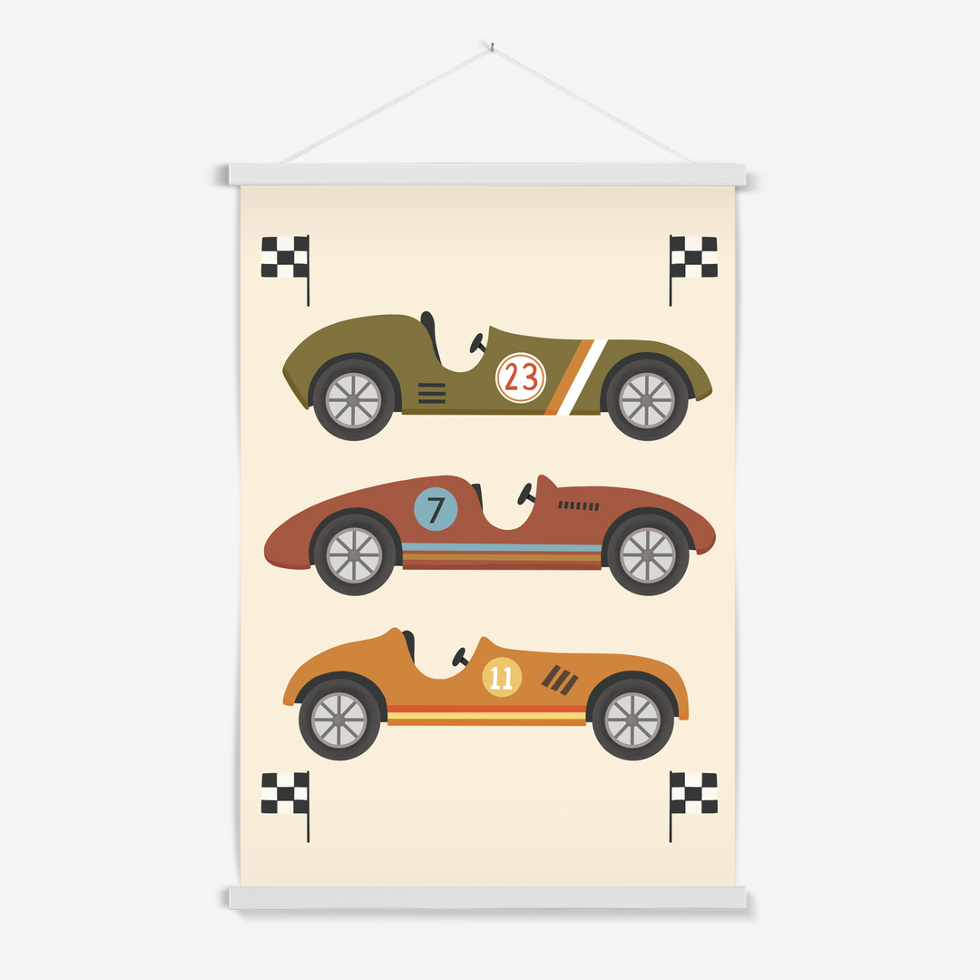 Race Cars in green, brown and orange / Print with Hanger