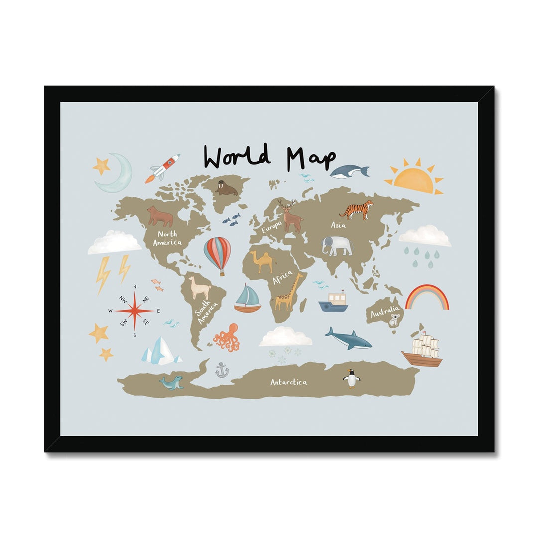 World Map in khaki/blue / Framed Print