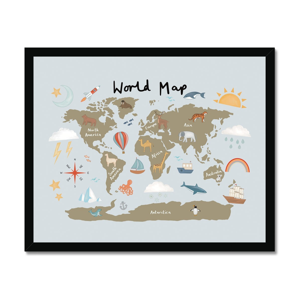 World Map in khaki/blue / Framed Print