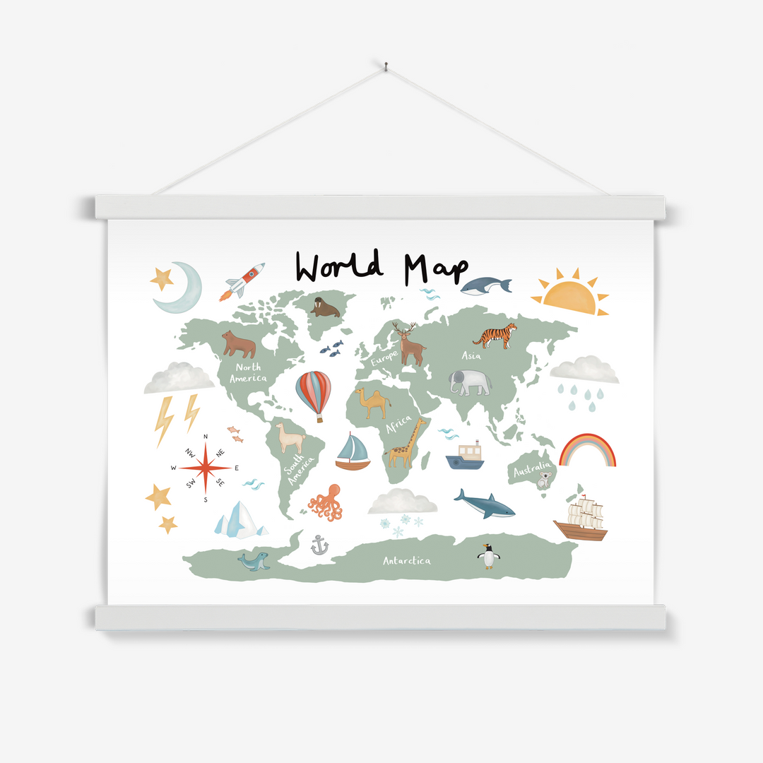 World Map in white / Print with Hanger