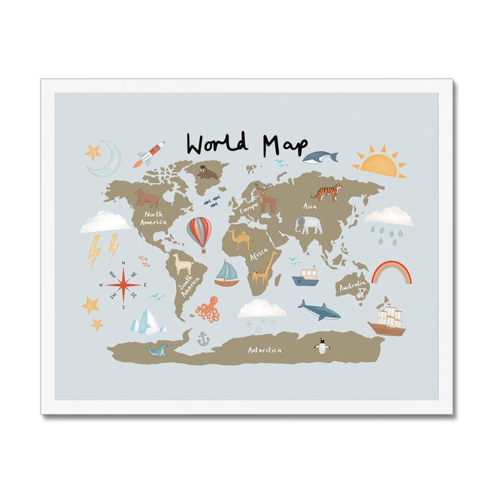 World Map in khaki/blue / Framed Print