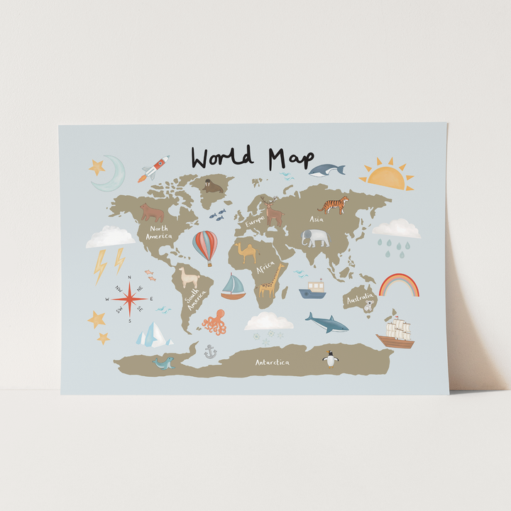 World Map in khaki/blue / Fine Art Print