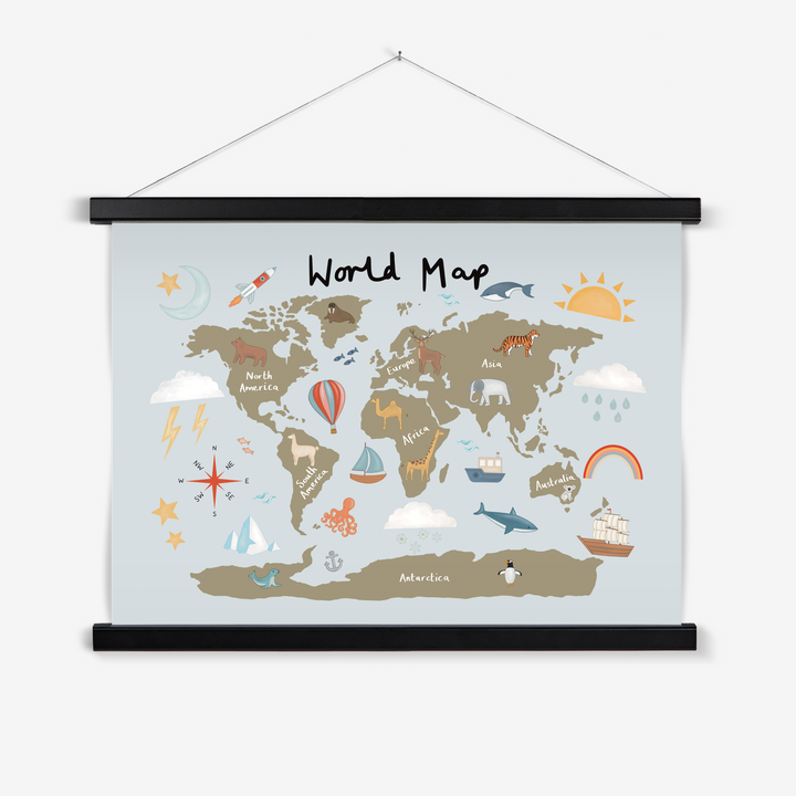 World Map in khaki/blue / Print with Hanger