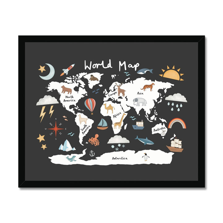 World Map in black / Framed Print