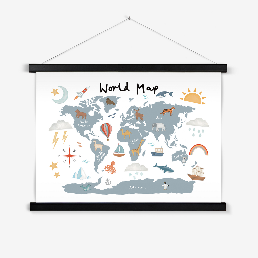 World Map in blue / Print with Hanger