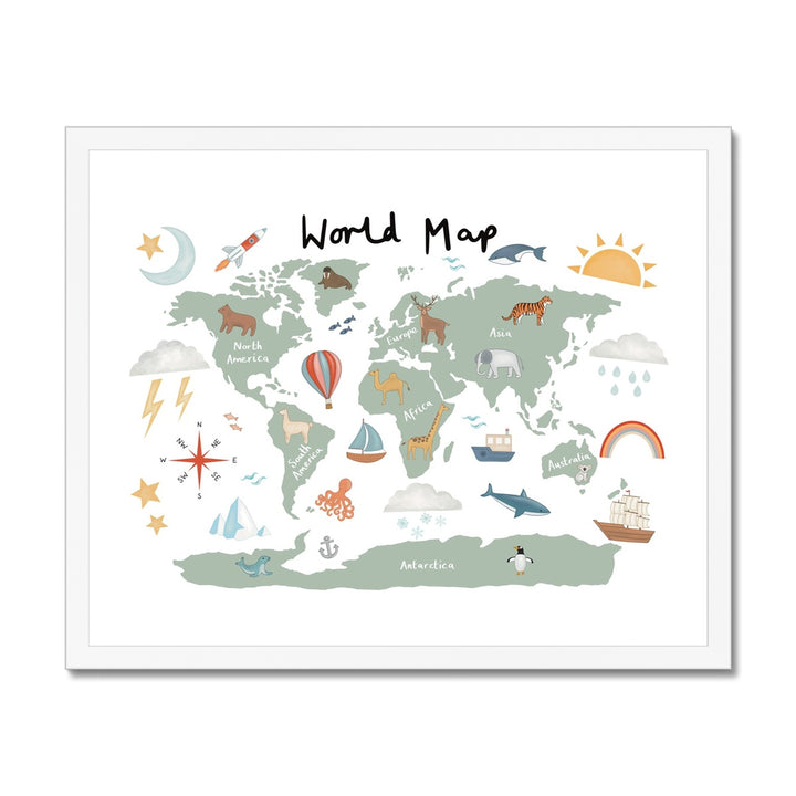 World Map in white / Framed Print