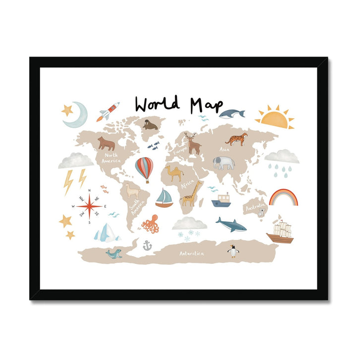 World Map in beige / Framed Print