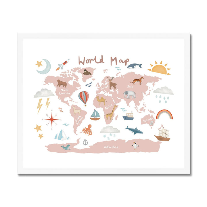 World Map in rose pink / Framed Print