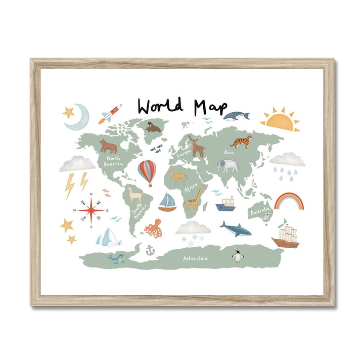 World Map in white / Framed Print