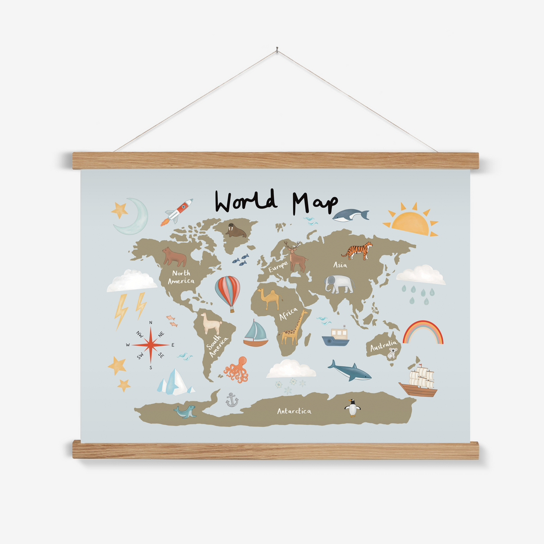 World Map in khaki/blue / Print with Hanger