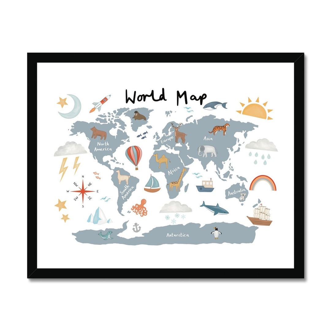 World Map in blue / Framed Print