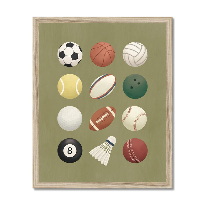 Sports balls in green / Framed Print