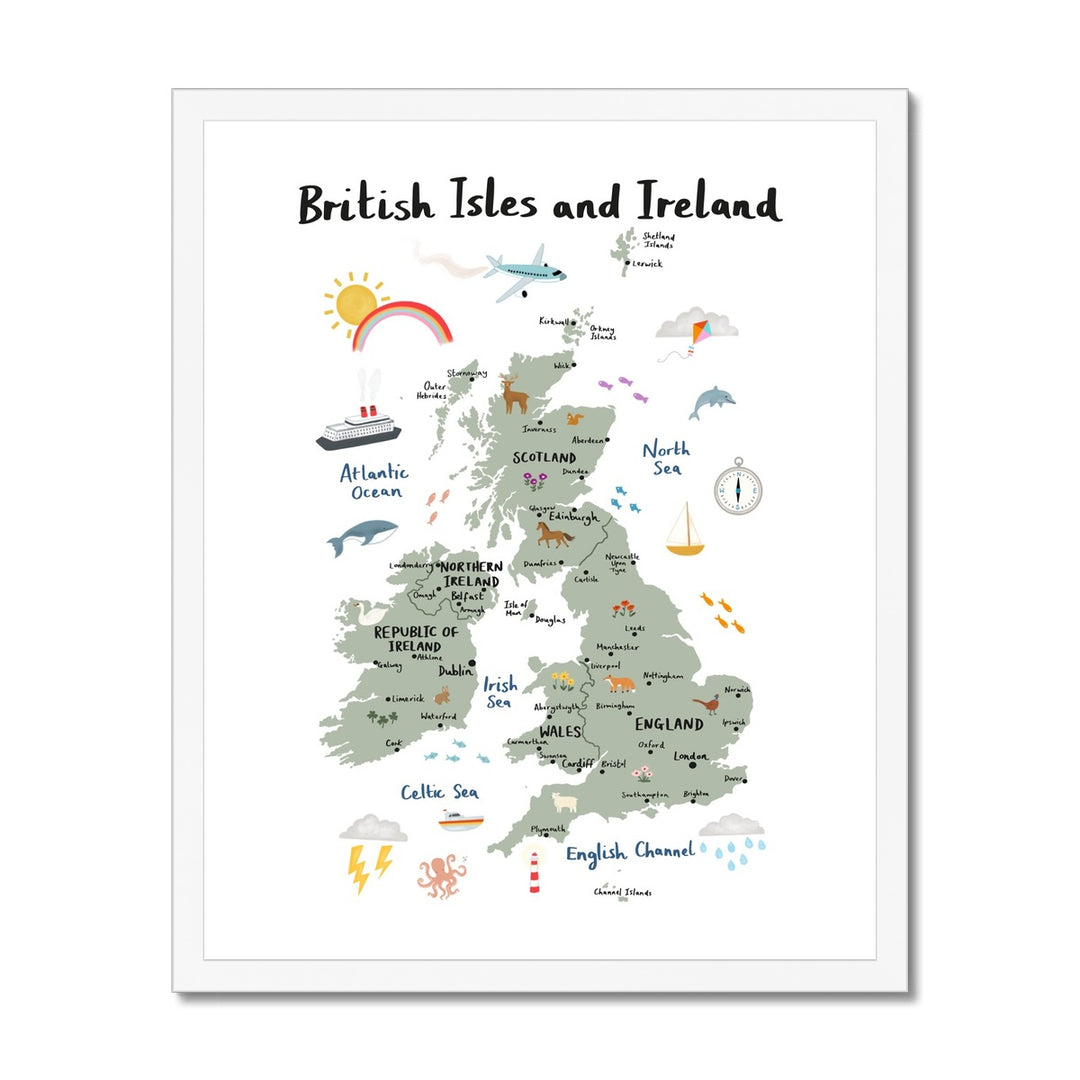 British Isles and Ireland in white / Framed Print