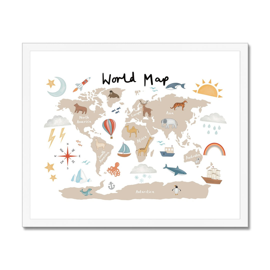 World Map in beige / Framed Print