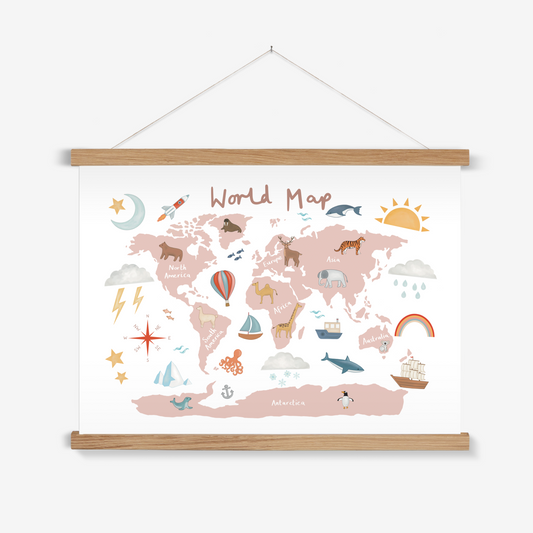 World Map in rose pink / Print with Hanger