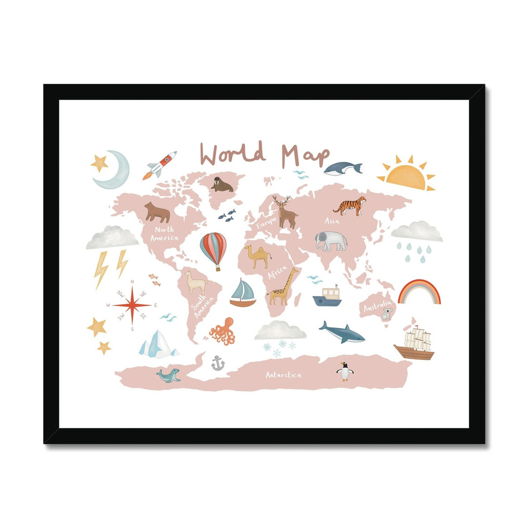 World Map in rose pink / Framed Print