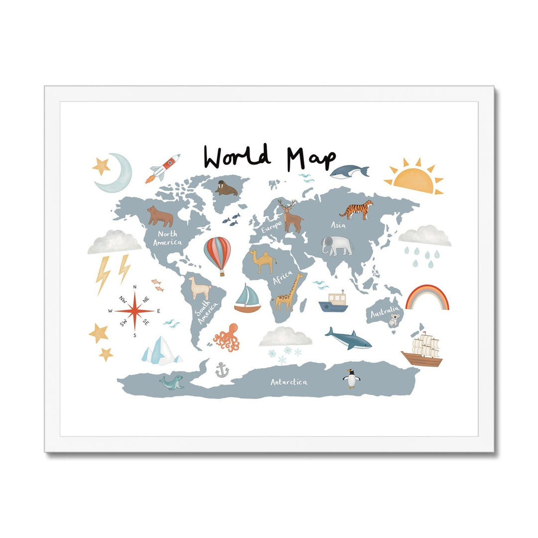 World Map in blue / Framed Print