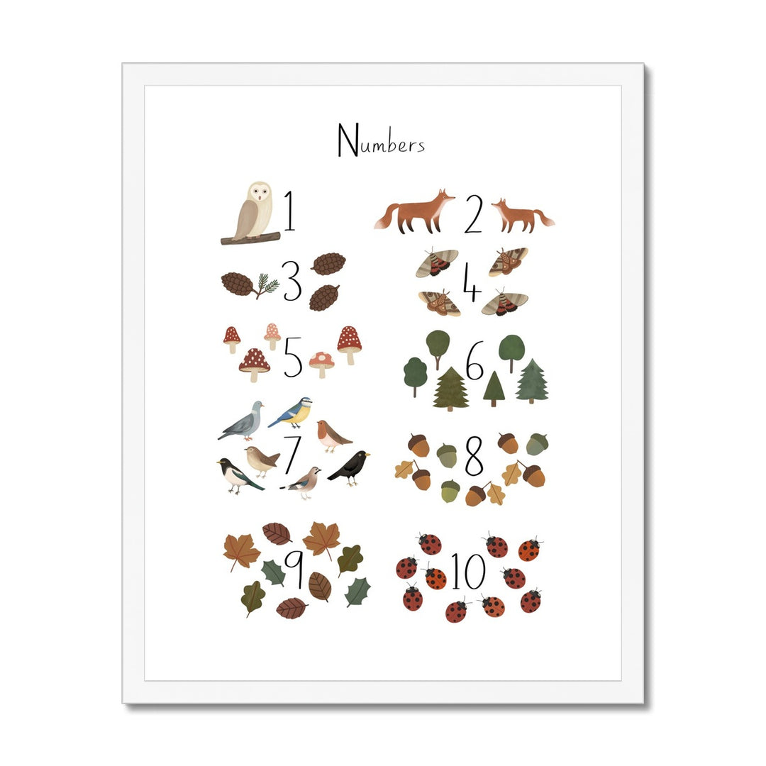 Woodland Numbers in white / Framed Print