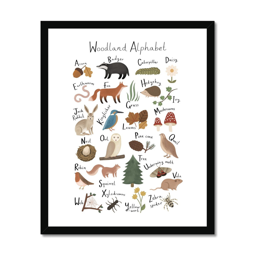 Woodland Alphabet in white / Framed Print