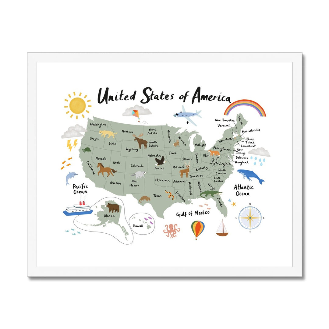 United States of America in white / Framed Print