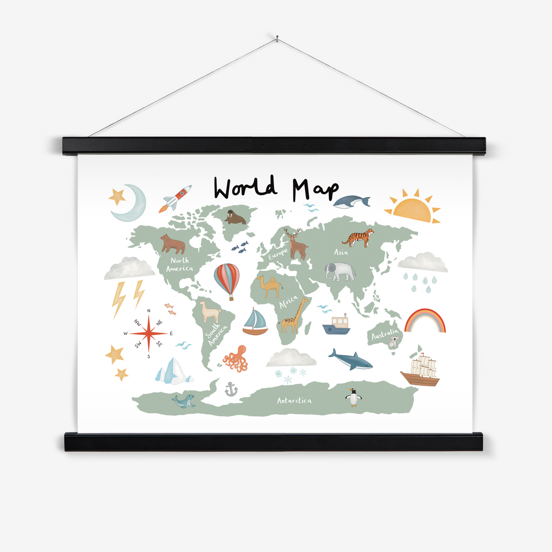 World Map in white / Print with Hanger