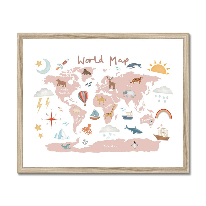 World Map in rose pink / Framed Print