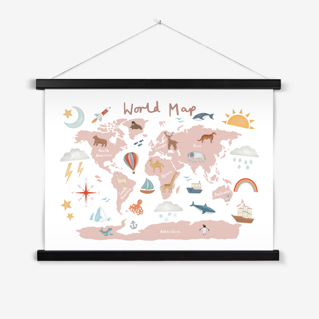 World Map in rose pink / Print with Hanger