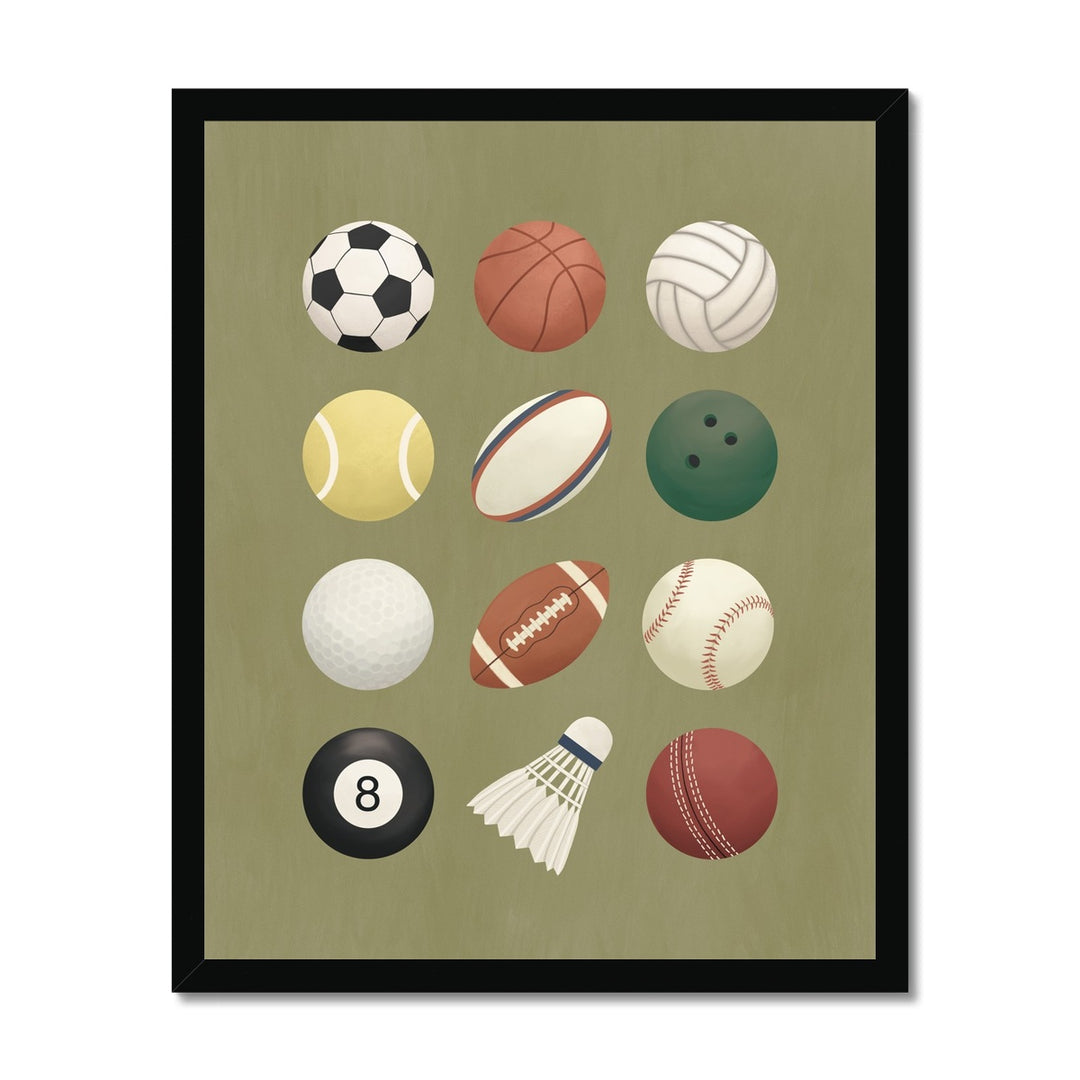 Sports balls in green / Framed Print